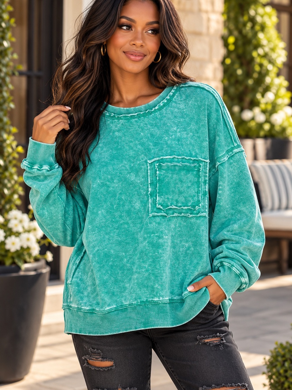 Zenana Mineral-Washed French Terry Pocket Sweatshirt – Forest 🌲